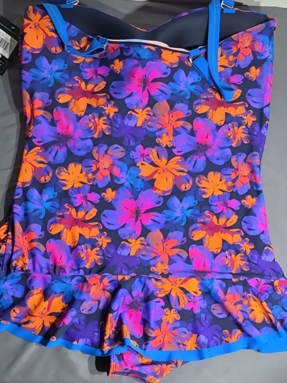 Tropical Floral Ruffle Tank One-Piece Swimsuit - Blue/Purple/Orange - Picture 2 of 5